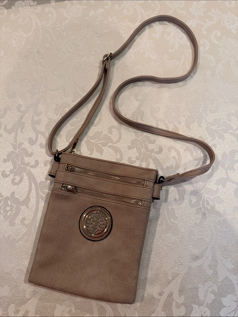 Taupe Faux-Leather Crossbody Bag with Decorative Medallion